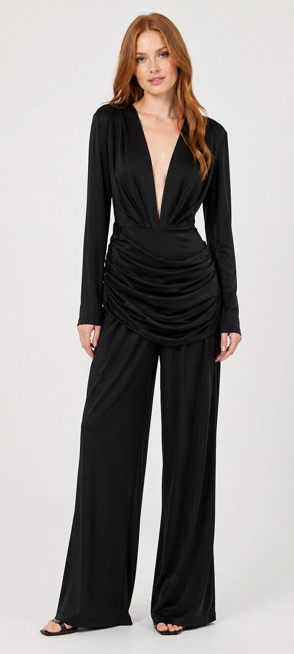 Issue New York Deep V Neck Jumpsuit Long Sleeve Womens Medium Black Nylon New